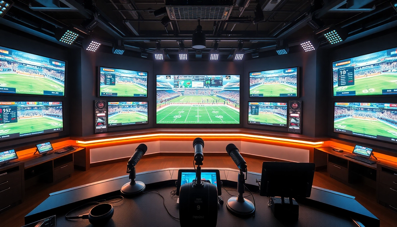 Engaging scene of Sports Broadcasting in a professional studio with screens and hosts.
