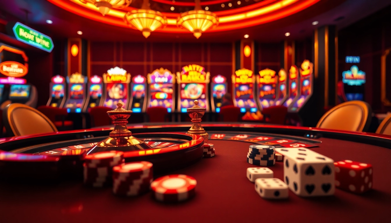 Experience the excitement of BEM88 with a luxurious casino scene featuring roulette and poker elements.