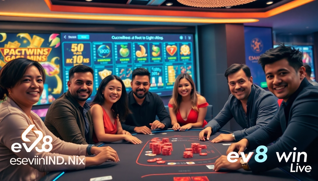 Exciting online gambling scene featuring players at a casino table, promoting ev88win.live.