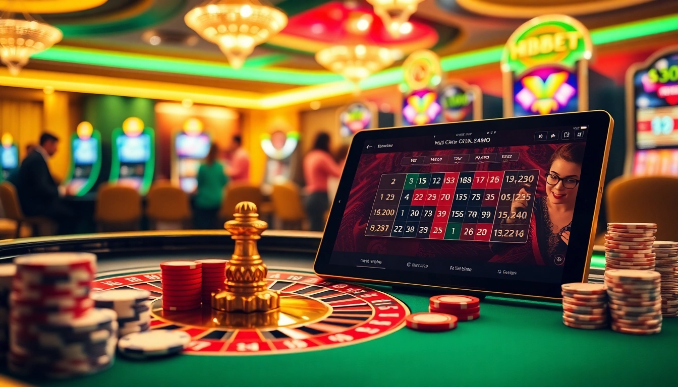 Experience HBBET's thrilling online gambling with a stunning casino scene showcasing roulette and poker elements.