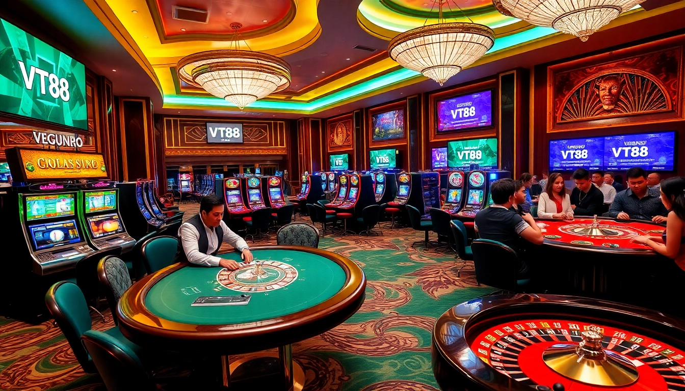 VT88 casino table with excited players, chips, and cards in a vibrant atmosphere.