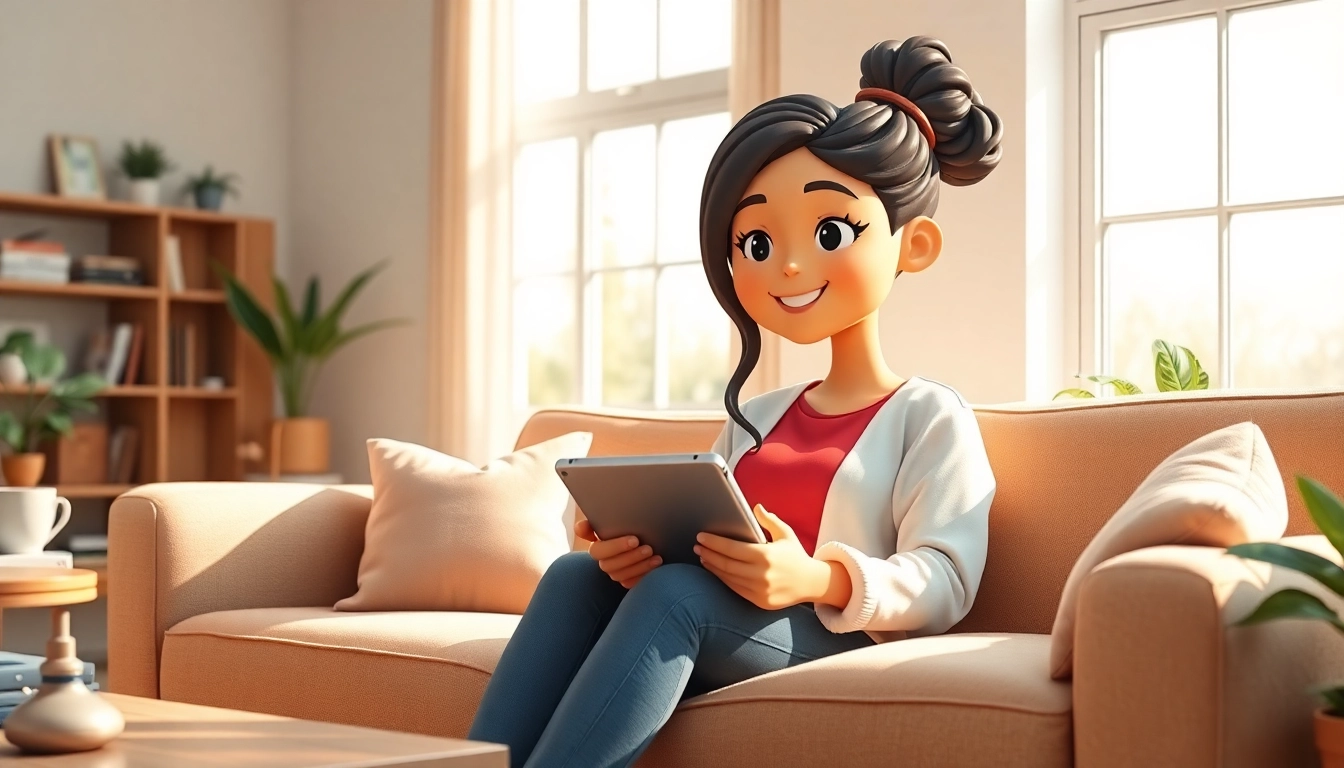 AI girlfriend character engaging with user in a cozy living room setting