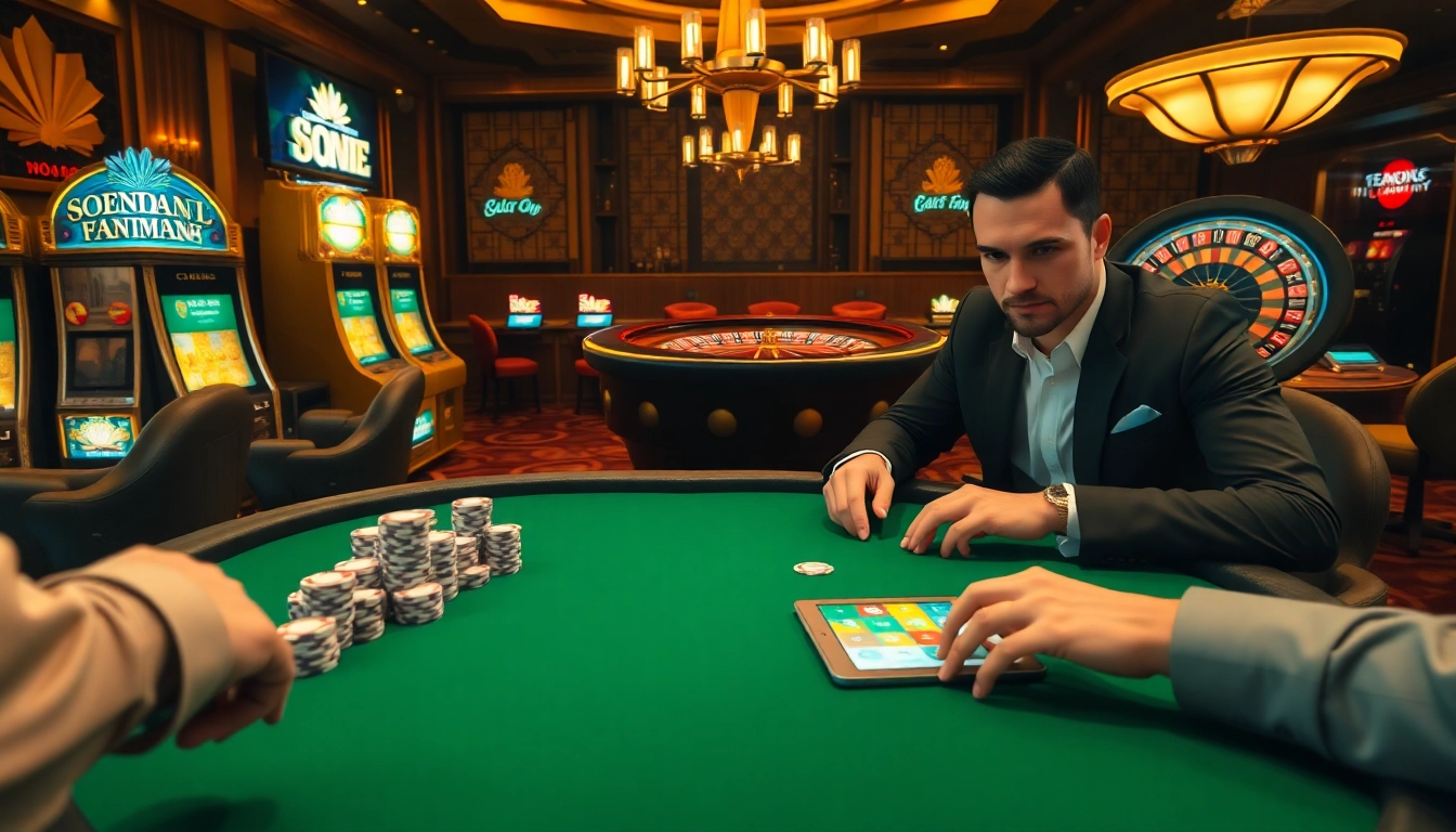 Experience high-stakes poker action at a luxurious casino featuring B8 chips and vibrant slot machines.