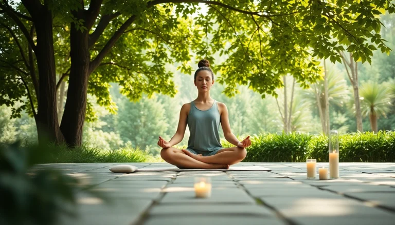 Engage in mental wellness through meditation in a serene outdoor environment with greenery.