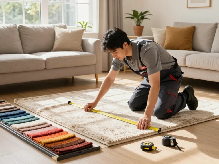 Professional executing home carpet fitting services in a cozy living room.