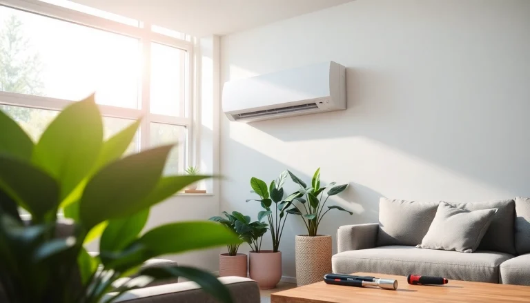 Install a mini split ac system in a stylish living room with modern decor and natural light.