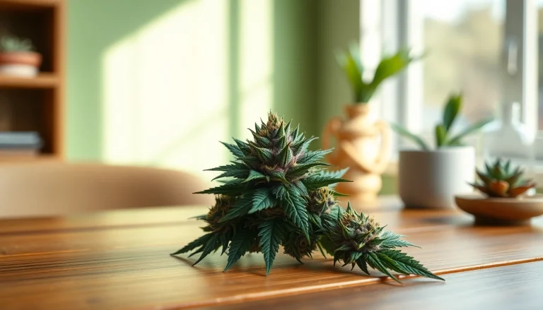 Buy High-Quality Cannabis UK with a stunning close-up of premium cannabis buds on a wooden table.