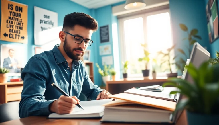 Student engaged in exam preparation using textbooks and a laptop in a bright study room.