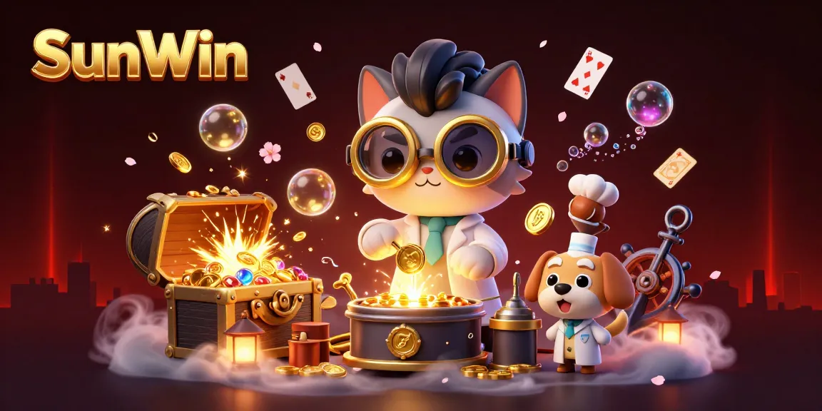 Watch SunWin's dynamic games come alive as the mad scientist cat creates gold coins amidst vibrant casino elements.
